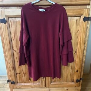 Davi & Dani Dress Burgundy Ruffle Sleeves Cotton Blend‎ Women's Size Large
